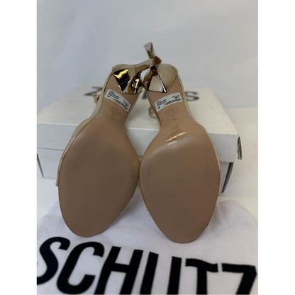 Schutz Scarlett Sandal in Platina almond toe high heel metallic gold open toe