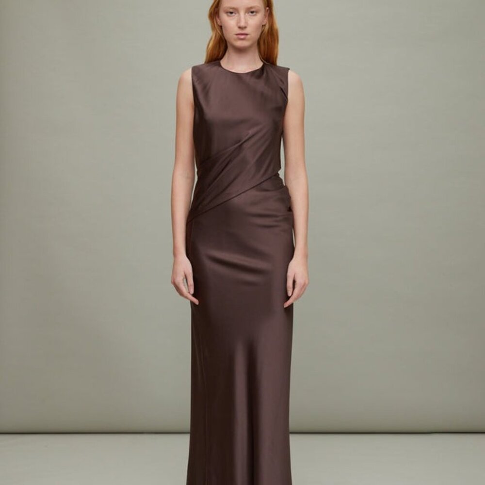 TOVE Anwen Dress in Mink brown silk maxi FRWD sleeveless backless