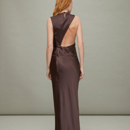TOVE Anwen Dress in Mink brown silk maxi FRWD sleeveless backless