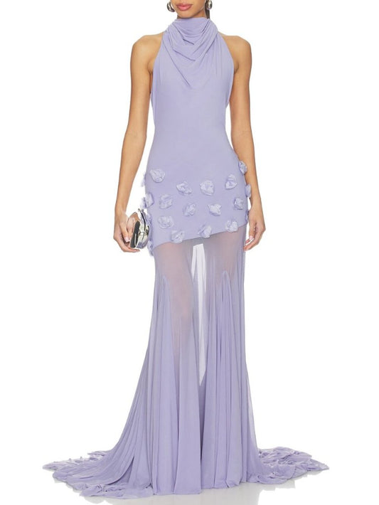 Deme by Gabriella The Celeste Dress in Periwinkle purple flower sheer gown train