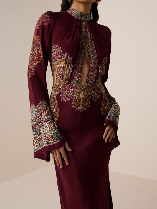 HEMANT AND NANDITA Long Dress in Burgundy red floral long sleeve maxi gown