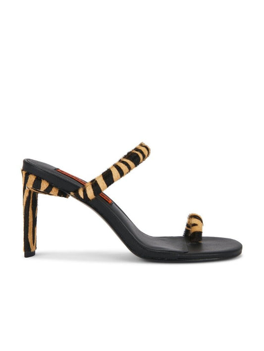 SIMONMILLER Pipe Heel in Brown Zebra cowhide fur open toe high heel slipper