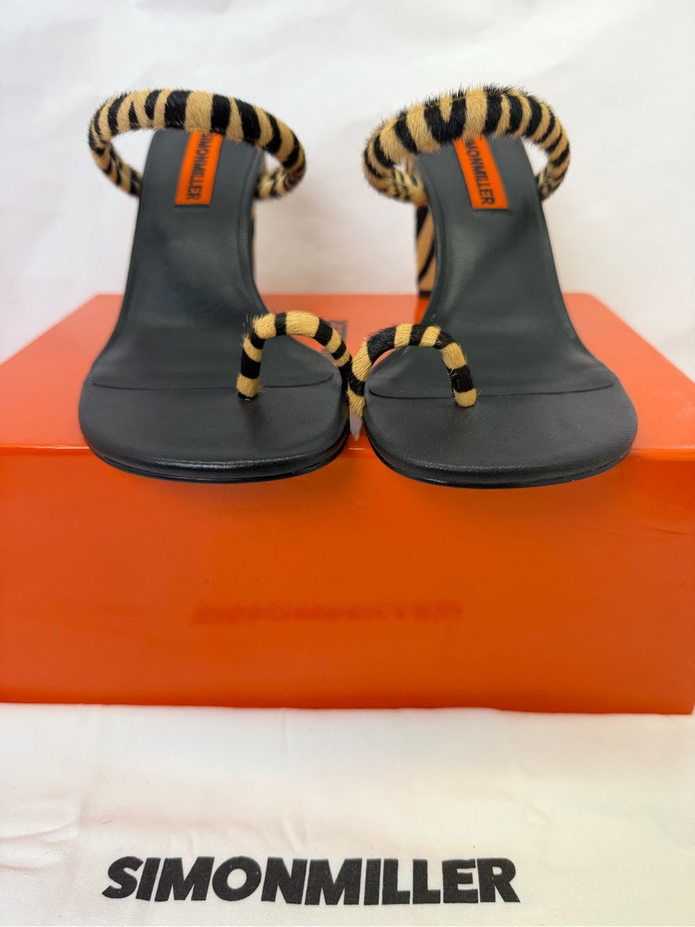SIMONMILLER Pipe Heel in Brown Zebra cowhide fur open toe high heel slipper