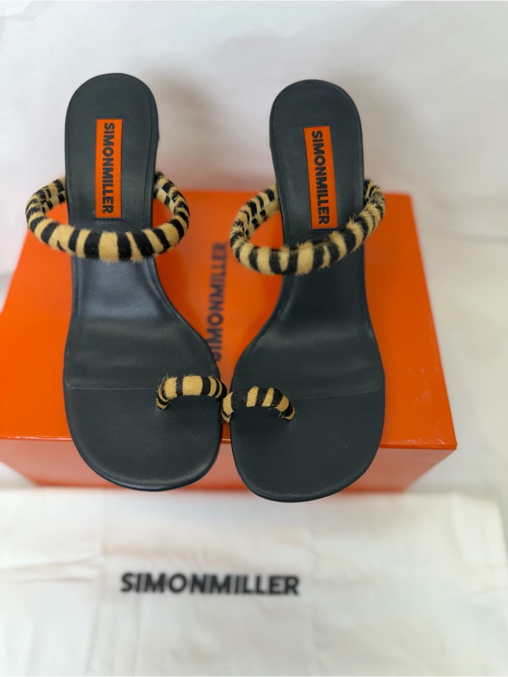 SIMONMILLER Pipe Heel in Brown Zebra cowhide fur open toe high heel slipper