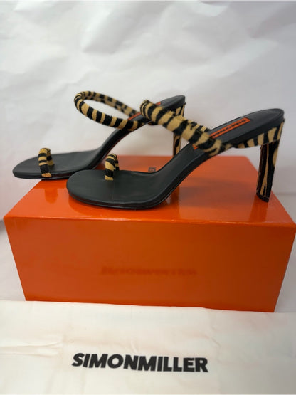 SIMONMILLER Pipe Heel in Brown Zebra cowhide fur open toe high heel slipper