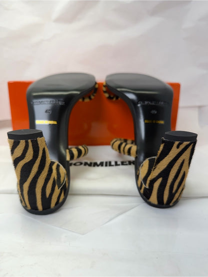 SIMONMILLER Pipe Heel in Brown Zebra cowhide fur open toe high heel slipper