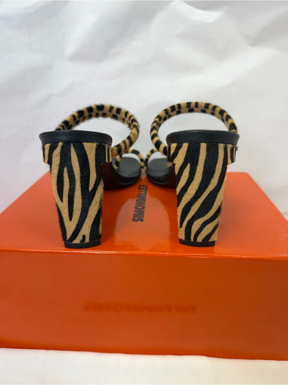 SIMONMILLER Pipe Heel in Brown Zebra cowhide fur open toe high heel slipper