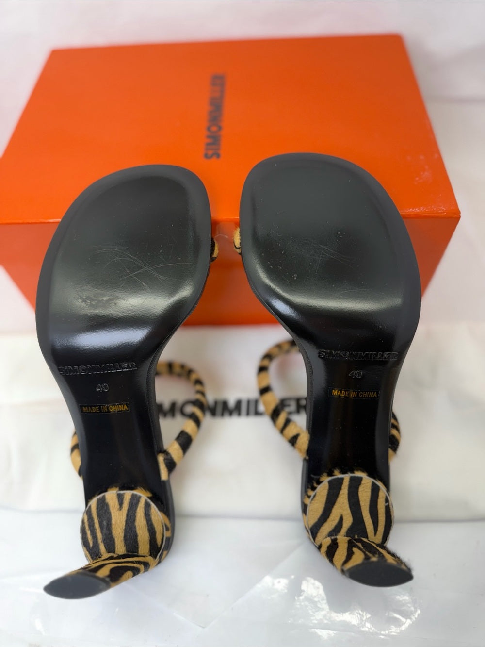 SIMONMILLER Pipe Heel in Brown Zebra cowhide fur open toe high heel slipper