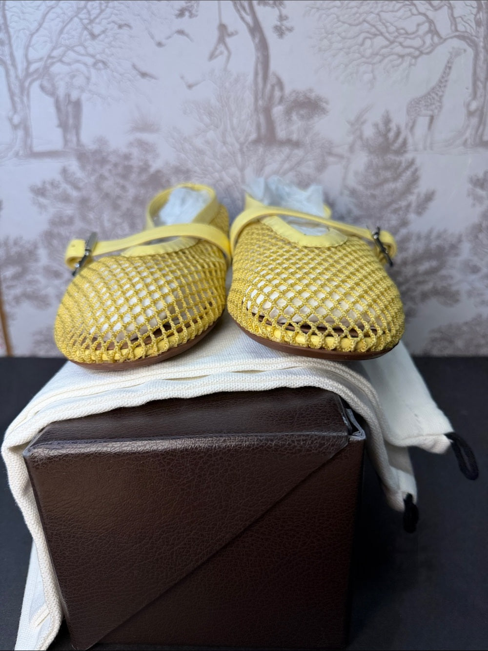 ALAIA Ballet Flat in Jaune Citron yellow fishnet mesh buckle slipper