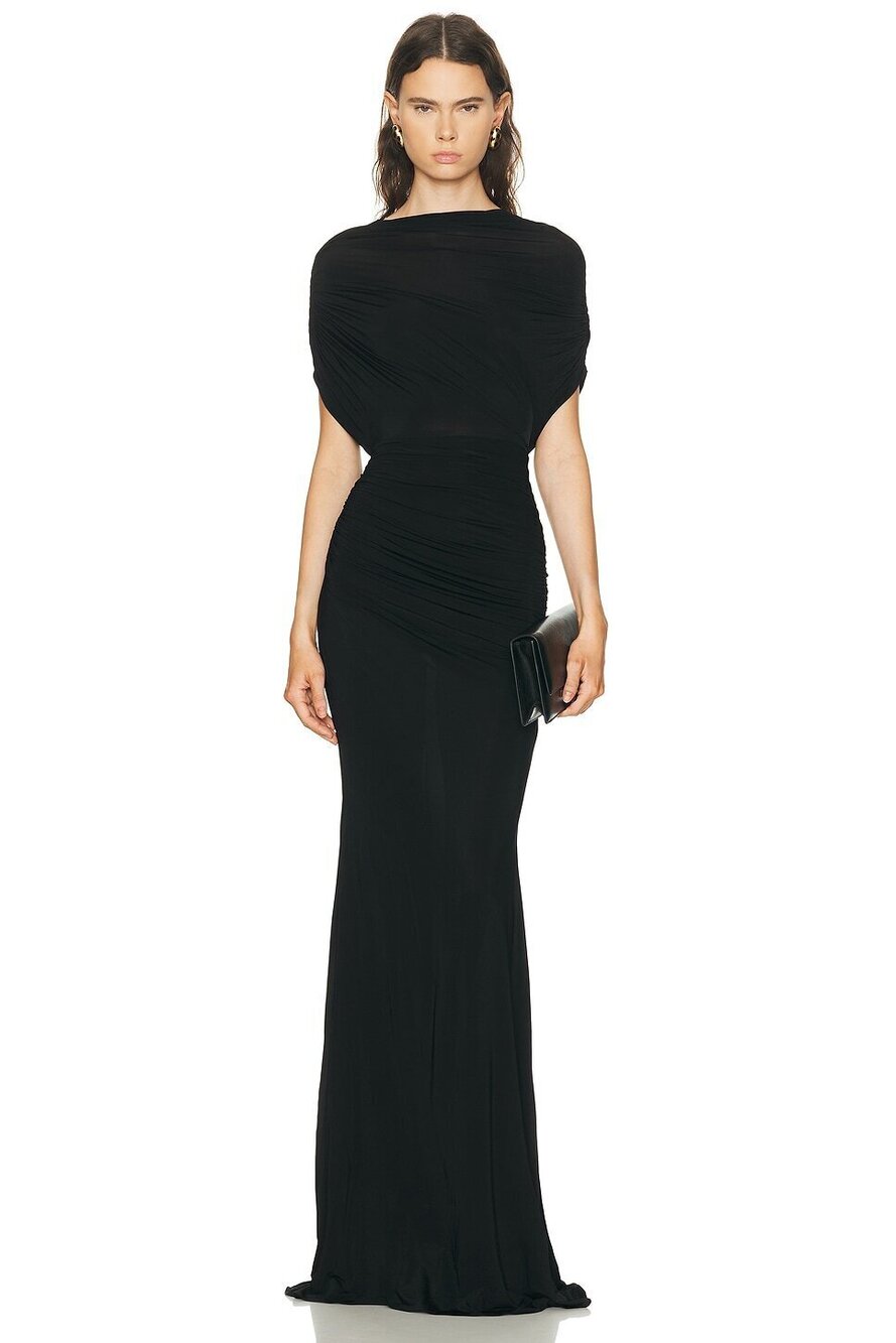Alex Perry Cape Drape Gown in Black draped ruched maxi dress