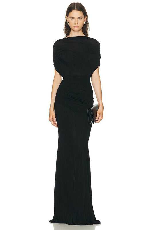Alex Perry Cape Drape Gown in Black draped ruched maxi dress