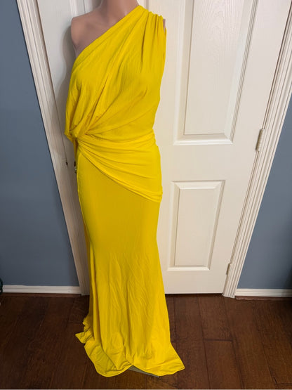 Alex Perry One Shoulder Drape Gown in Yellow ruched maxi dress