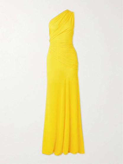 Alex Perry One Shoulder Drape Gown in Yellow ruched maxi dress
