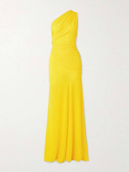 Alex Perry One Shoulder Drape Gown in Yellow ruched maxi dress