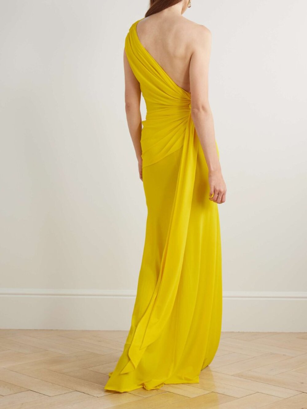 Alex Perry One Shoulder Drape Gown in Yellow ruched maxi dress