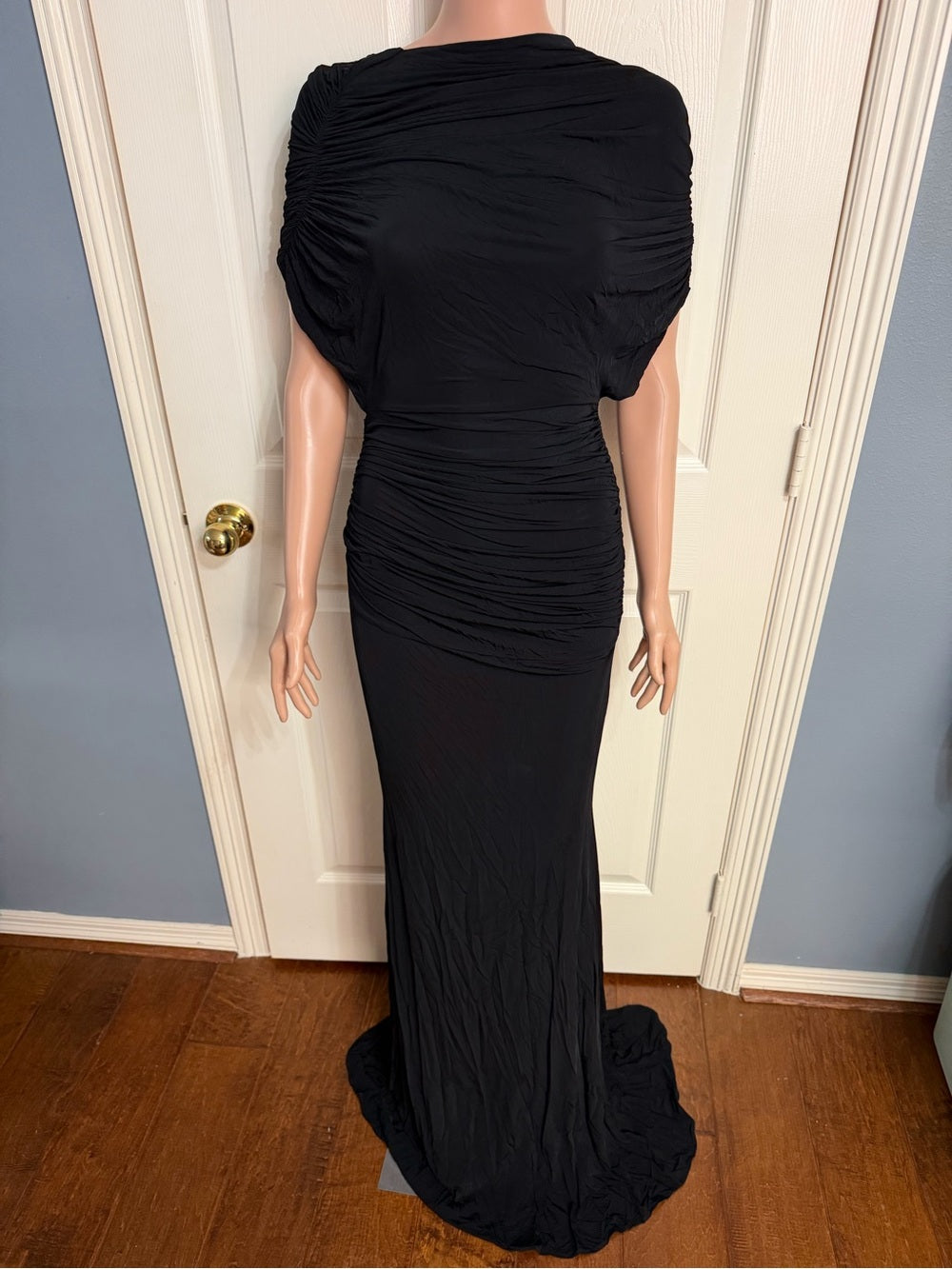 Alex Perry Cape Drape Gown in Black draped ruched maxi dress