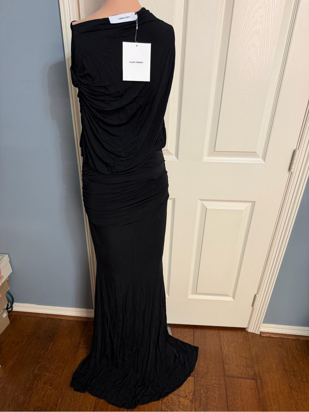 Alex Perry Cape Drape Gown in Black draped ruched maxi dress