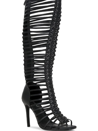 NIIHAI Lock Up Heel in Black knee high heel leather boots