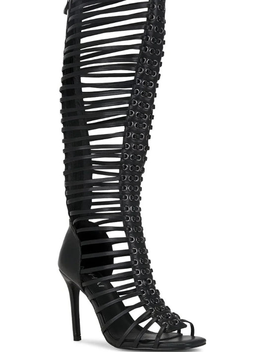 NIIHAI Lock Up Heel in Black knee high heel leather boots