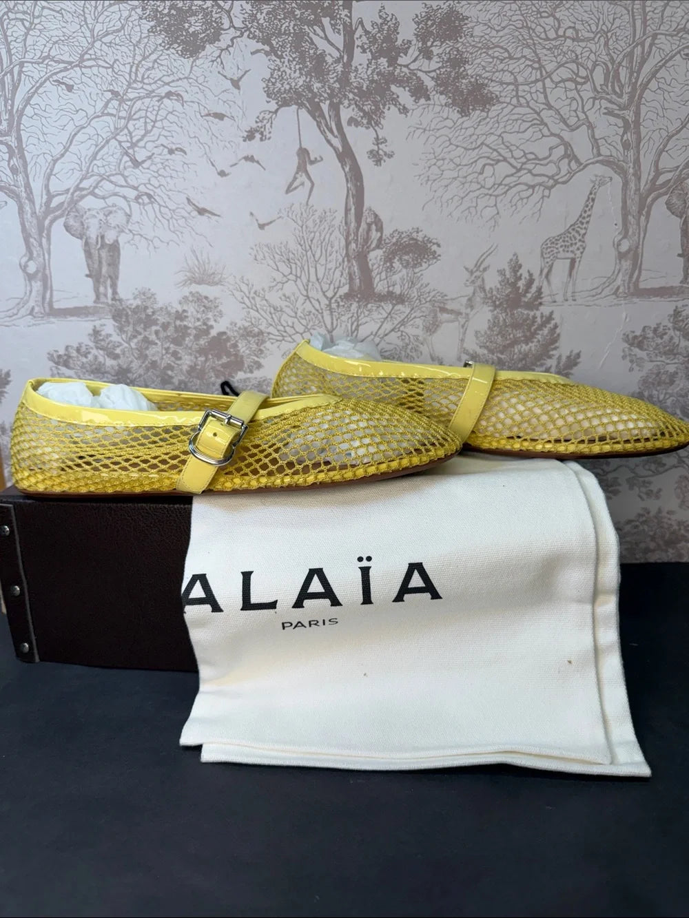 ALAIA Ballet Flat in Jaune Citron yellow fishnet mesh buckle slipper