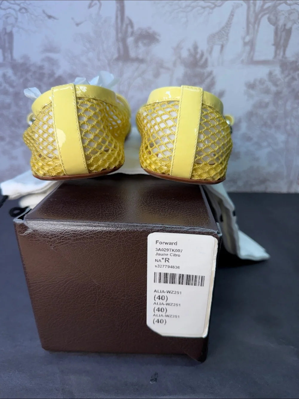 ALAIA Ballet Flat in Jaune Citron yellow fishnet mesh buckle slipper