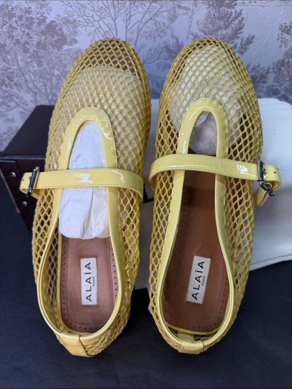 ALAIA Ballet Flat in Jaune Citron yellow fishnet mesh buckle slipper