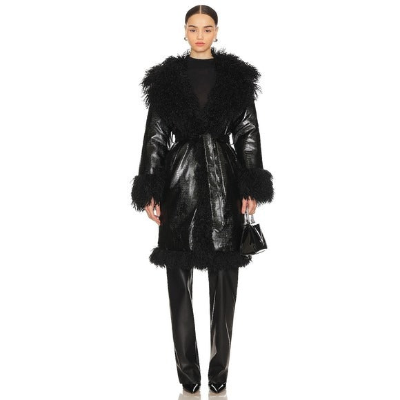 OW Collection Freya Faux Fur Coat in Black Caviar shearling jacket