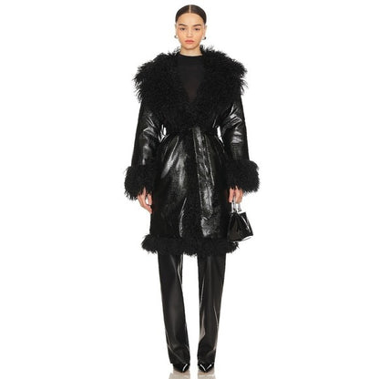 OW Collection Freya Faux Fur Coat in Black Caviar shearling jacket