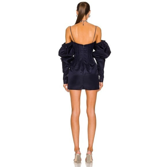 LaQuan Smith Puff Sleeve Mini Dress in Navy corset off shoulder puff sleeve