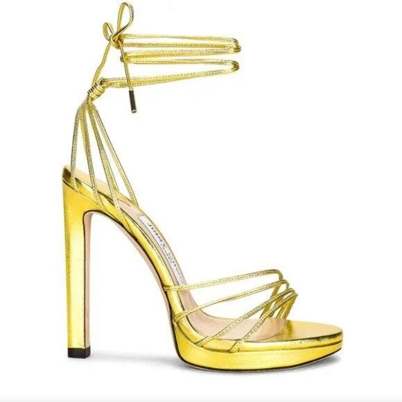 Jimmy Choo Anita 120 Metallic Leather Heel in Acid Yellow gold high heel sandal