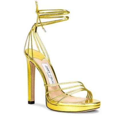 Jimmy Choo Anita 120 Metallic Leather Heel in Acid Yellow gold high heel sandal