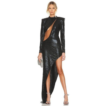 Bronx and Banco Ricky Zebra Gown in Black mesh sheer cutout assymetrical long sleeve maxi dress