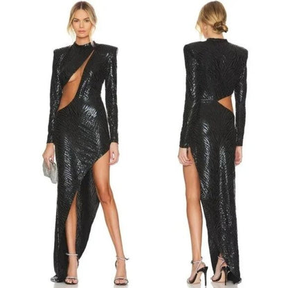 Bronx and Banco Ricky Zebra Gown in Black mesh sheer cutout assymetrical long sleeve maxi dress