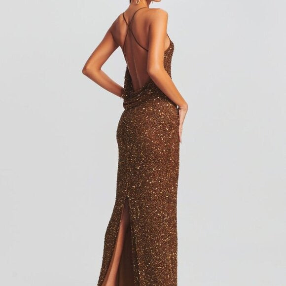 Retrofete Alice Dress in Amber Brown sequin maxi gown backless