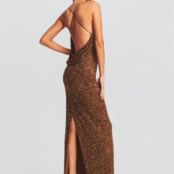 Retrofete Alice Dress in Amber Brown sequin maxi gown backless