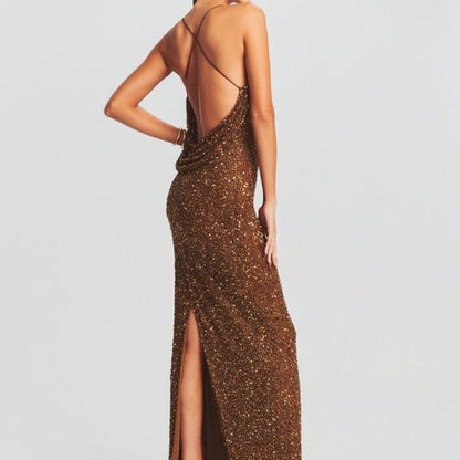 Retrofete Alice Dress in Amber Brown sequin maxi gown backless