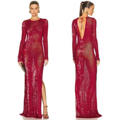 Retrofete Alexa Dress in Red sequins long sleeve backless maxi mesh fishnet