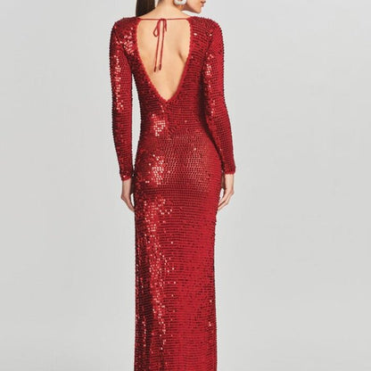 Retrofete Alexa Dress in Red sequins long sleeve backless maxi mesh fishnet