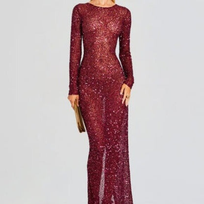 Retrofete Alexa Dress in Red sequins long sleeve backless maxi mesh fishnet