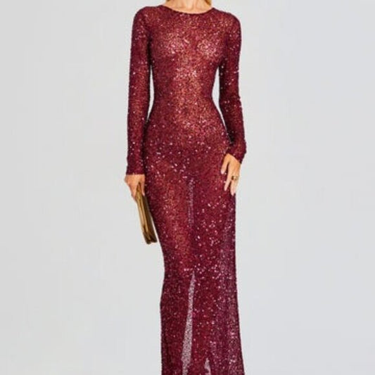 Retrofete Alexa Dress in Red sequins long sleeve backless maxi mesh fishnet