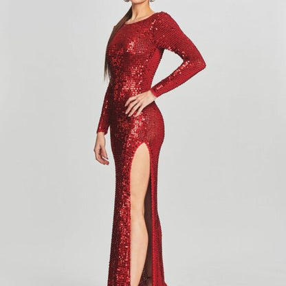 Retrofete Alexa Dress in Red sequins long sleeve backless maxi mesh fishnet