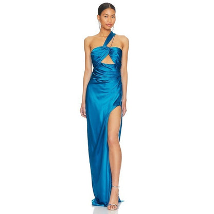 The Sei Asymmetrical Bandeau Gown in Ocean Size 4 blue silk maxi cutout split hem leg