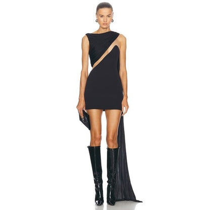 David Koma Draped Chest Mini Dress in Black cutout mesh with cape