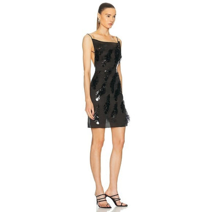 Coperni Slip Dress in Black backless mesh embellished mini sheer