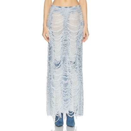 Diesel Fiammetta Skirt in Ocean blue white fringe distressed