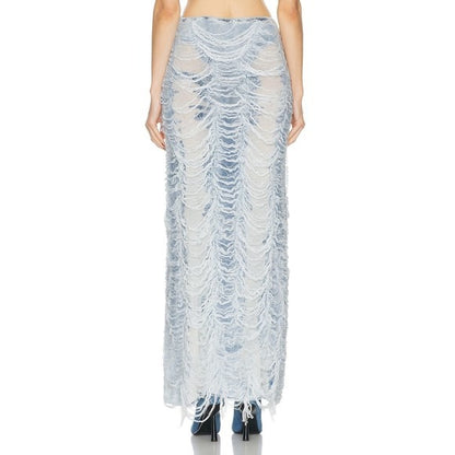 Diesel Fiammetta Skirt in Ocean blue white fringe distressed