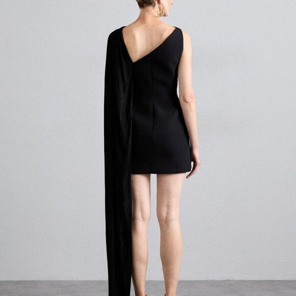 David Koma Draped Chest Mini Dress in Black cutout mesh with cape