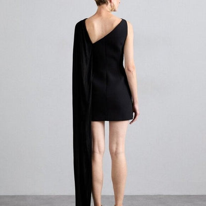 David Koma Draped Chest Mini Dress in Black cutout mesh with cape