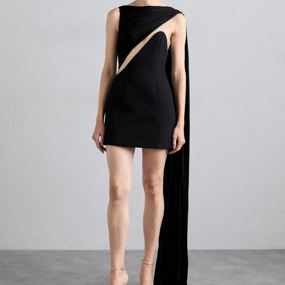 David Koma Draped Chest Mini Dress in Black cutout mesh with cape