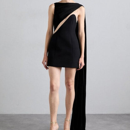 David Koma Draped Chest Mini Dress in Black cutout mesh with cape